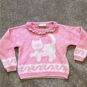 Vintage Pink Cat Sweater with Ruffle Collar